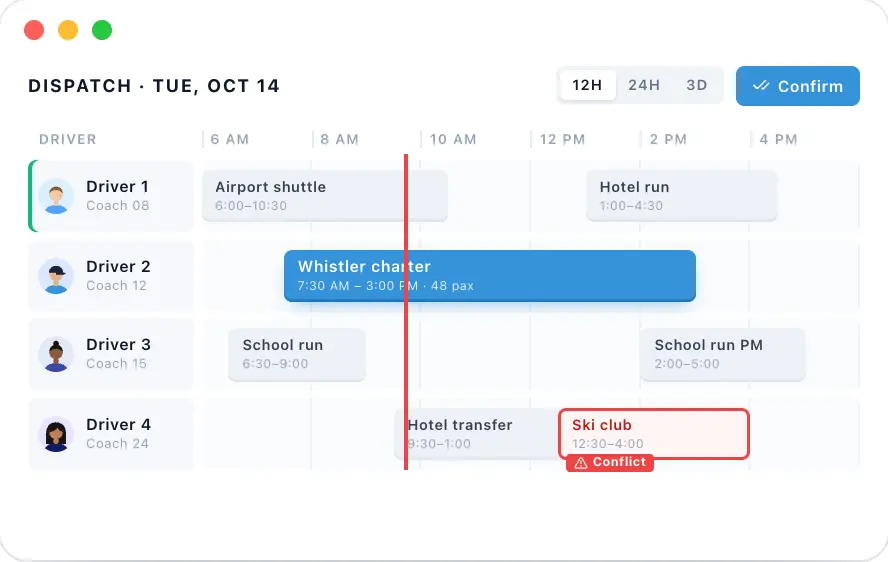 MotorCoachX dispatch board showing drivers, trips and a scheduling conflict