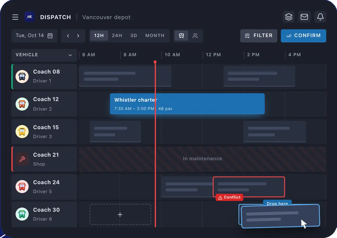 MotorCoachX dispatch board with coaches, drivers, a maintenance block and a scheduling conflict