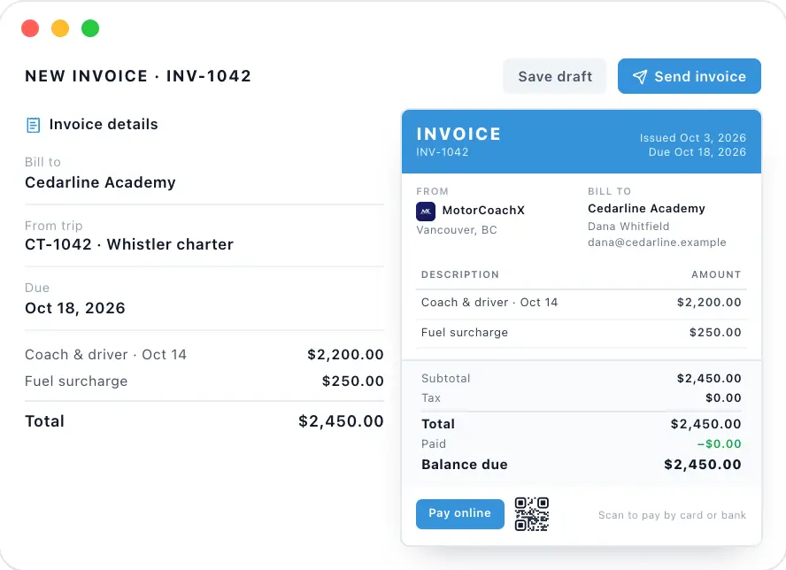Invoice created from a finished trip in MotorCoachX