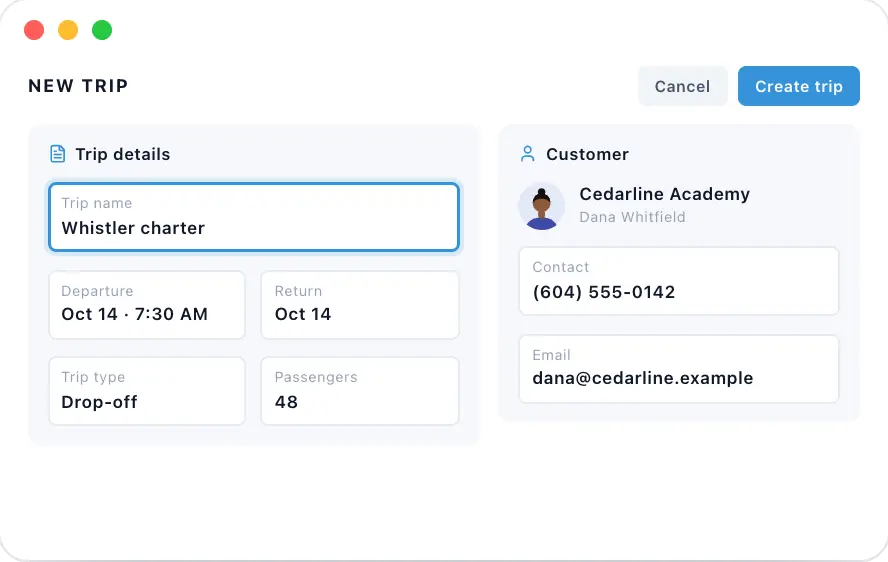 New trip form in MotorCoachX with customer, pickup and drop-off details
